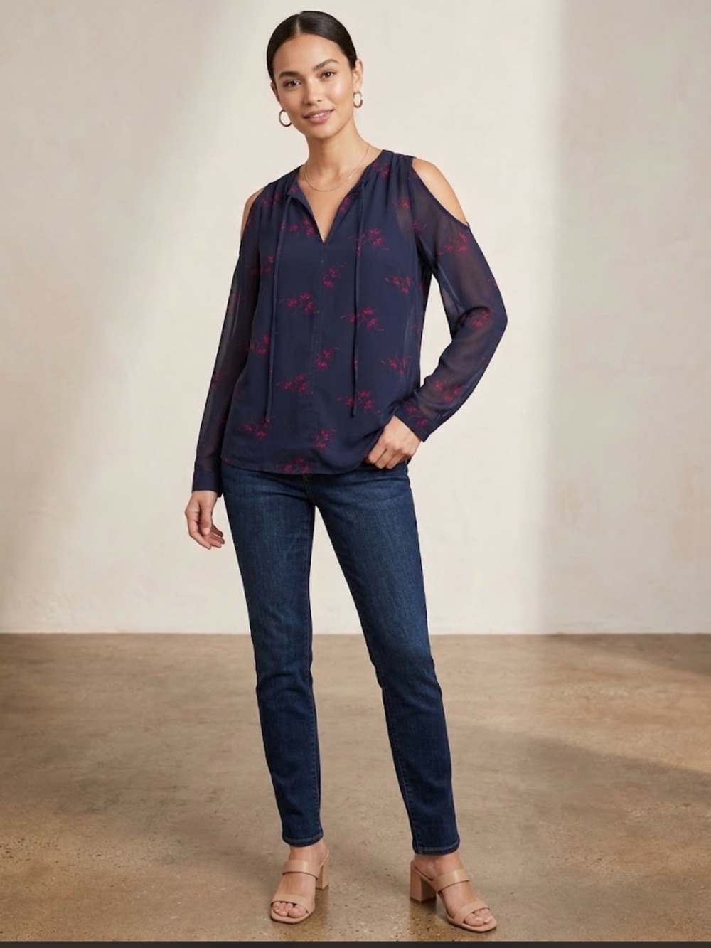 LOFT Navy Long-Sleeve Cold-Shoulder Blouse with Pink Floral Accents